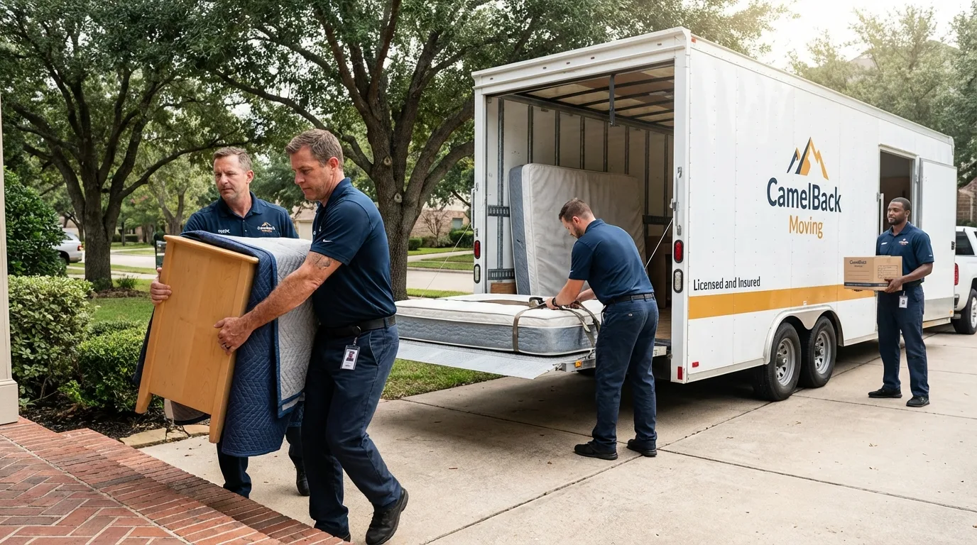 Crew loading residential truck for cross-state move from Central City, NE
