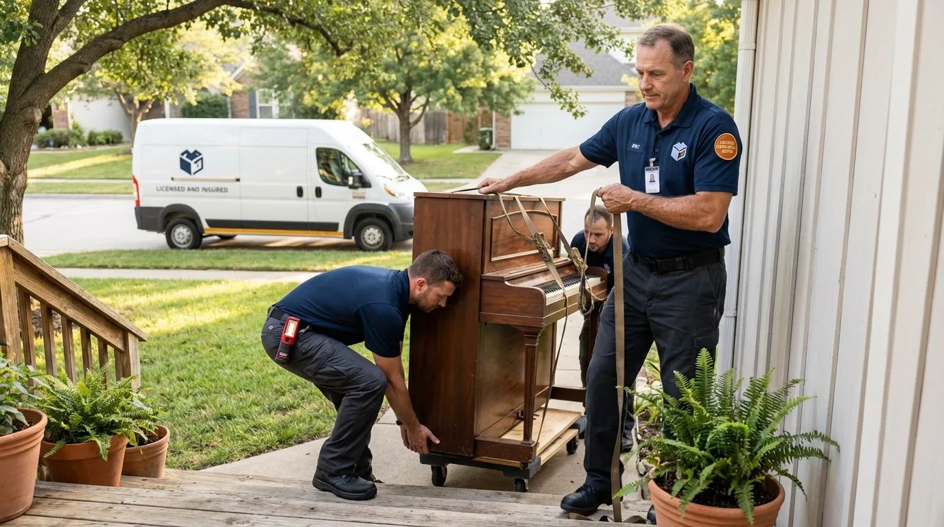 Licensed piano movers securing grand piano in Central City, NE