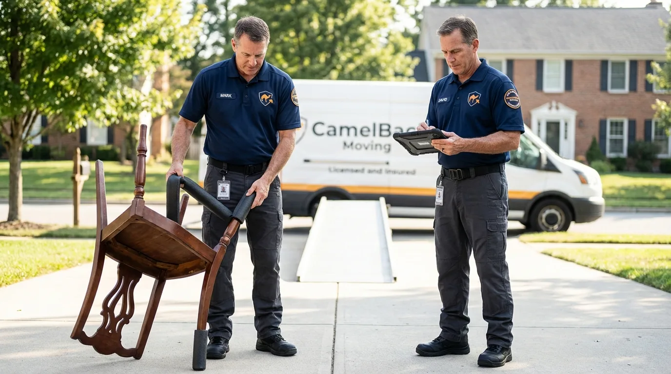Movers inspecting furniture for damage prevention before loading in Central City, NE