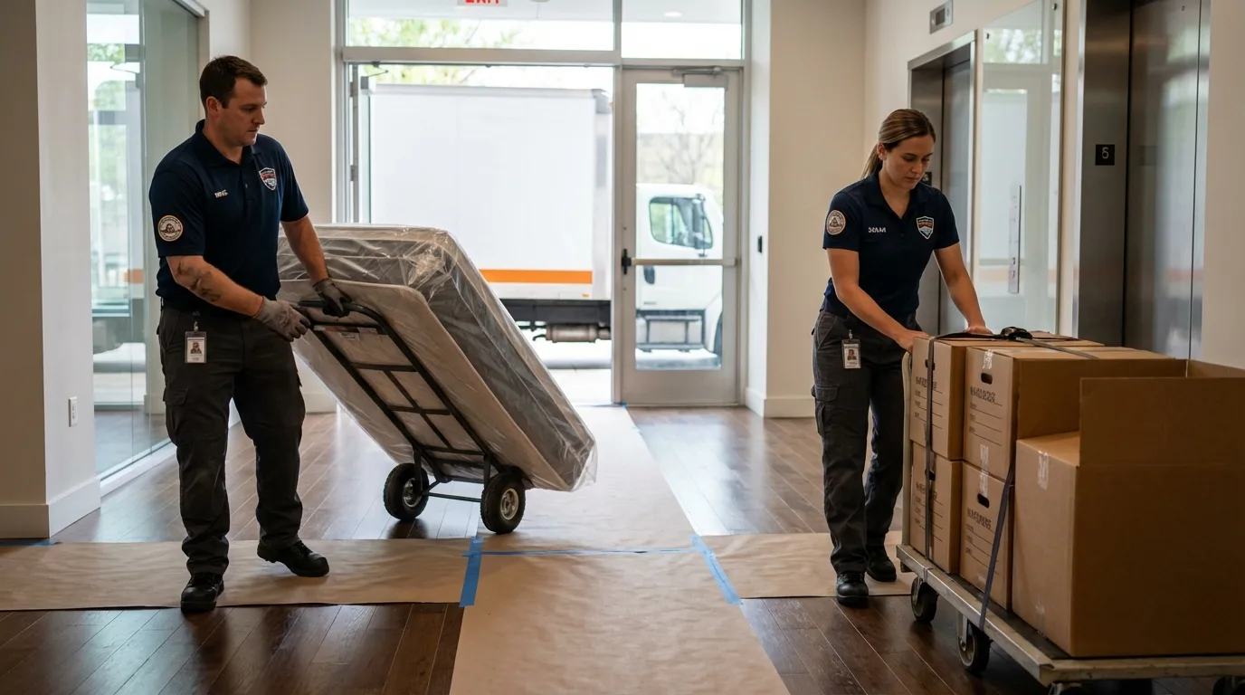 Professional apartment movers loading elevator in Central City, NE