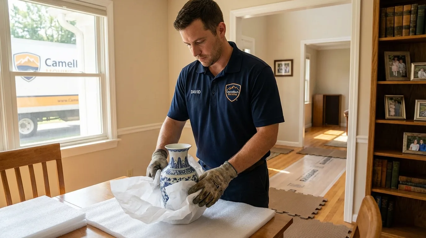 Professional crew carefully wrapping antique vase for senior downsizing move in Central City, NE